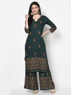 Aniyah Rayon Bottle Green Color Block Print Flared Slip-On Palazzo (AN-219K)