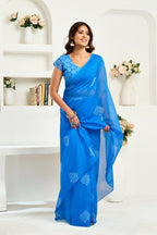 Vastranavya Blue Digital Printed Linen Ready To Wear Designer Saree with Unstitched Blouse - Distacart