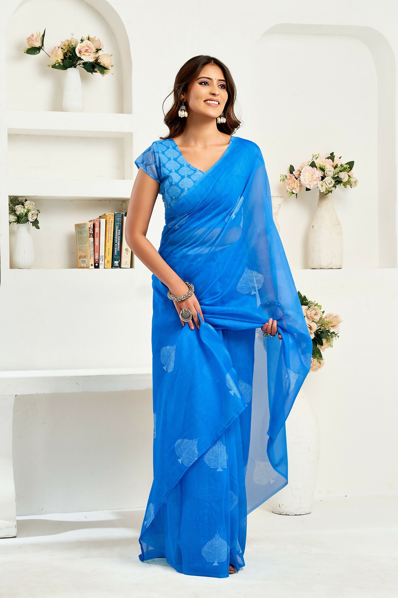 Vastranavya Blue Digital Printed Linen Ready To Wear Designer Saree with Unstitched Blouse - Distacart