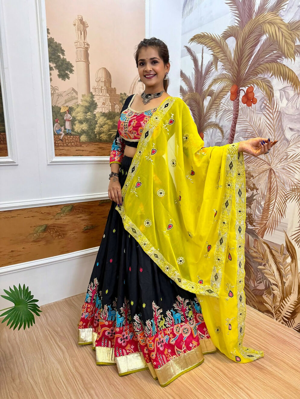 Teeya Creation Dark Blue Colour Rayon Silk Embroidery Work Fully Stitched Navratri Lehenga