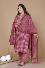 Miravan Women's Plus Size Pink Straight Floral Printed Kurta & Palazzo With Dupatta Set