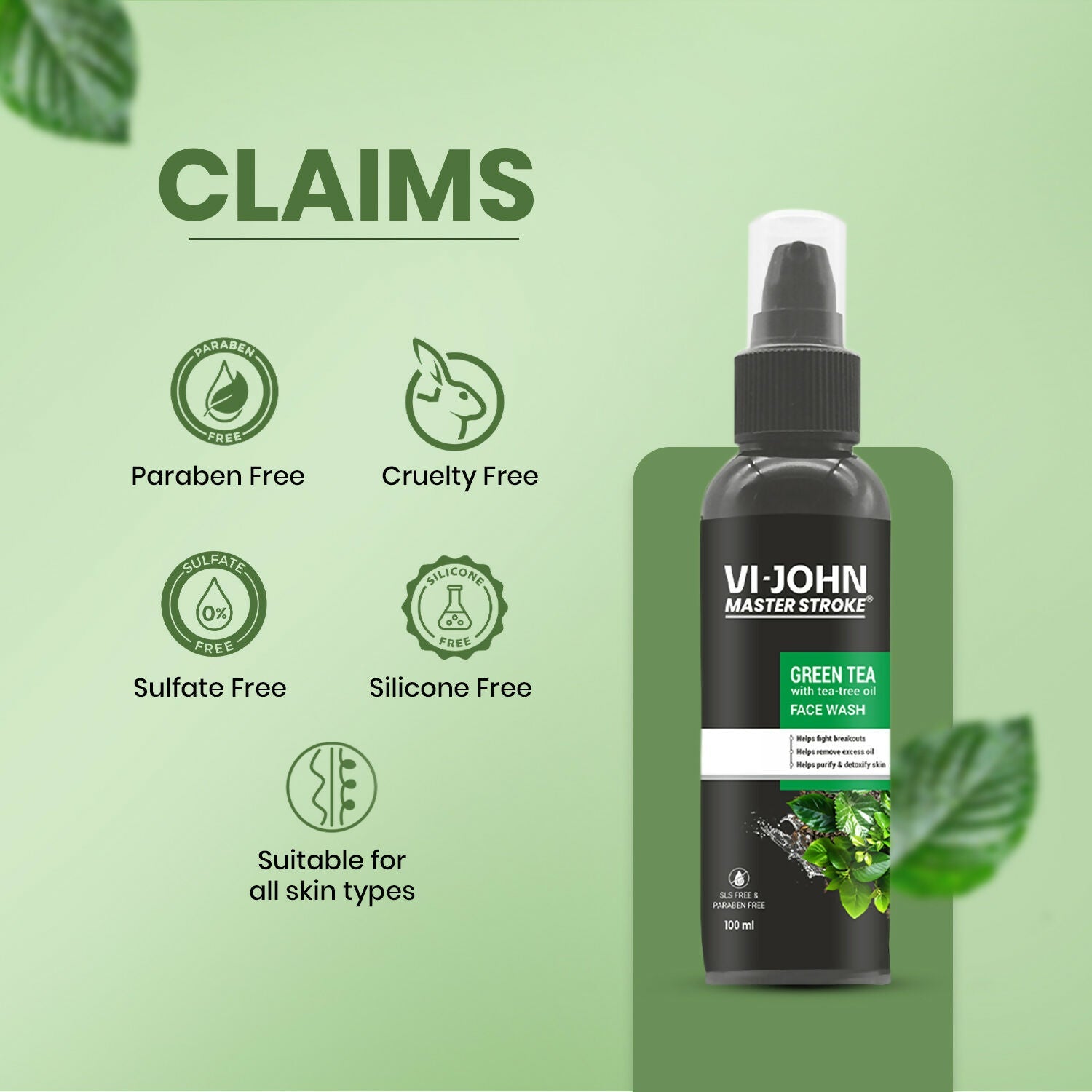 VI-JOHN Master Stroke Green Tea Face Wash Brightening Skin And Improving Texture For All Skin Type
