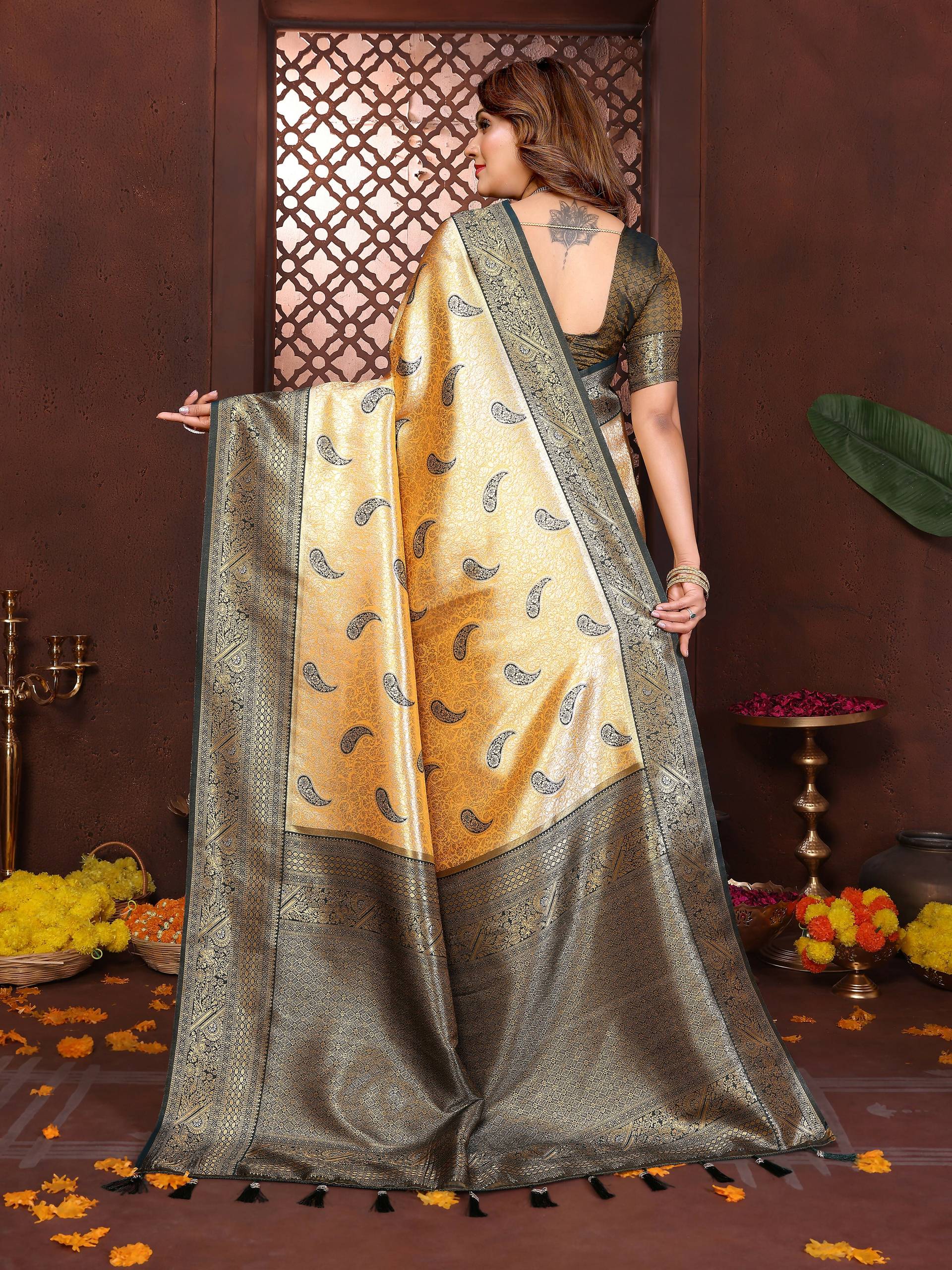 Aastha Fashion Mustard Tissue Silk Weaving Saree - Distacart