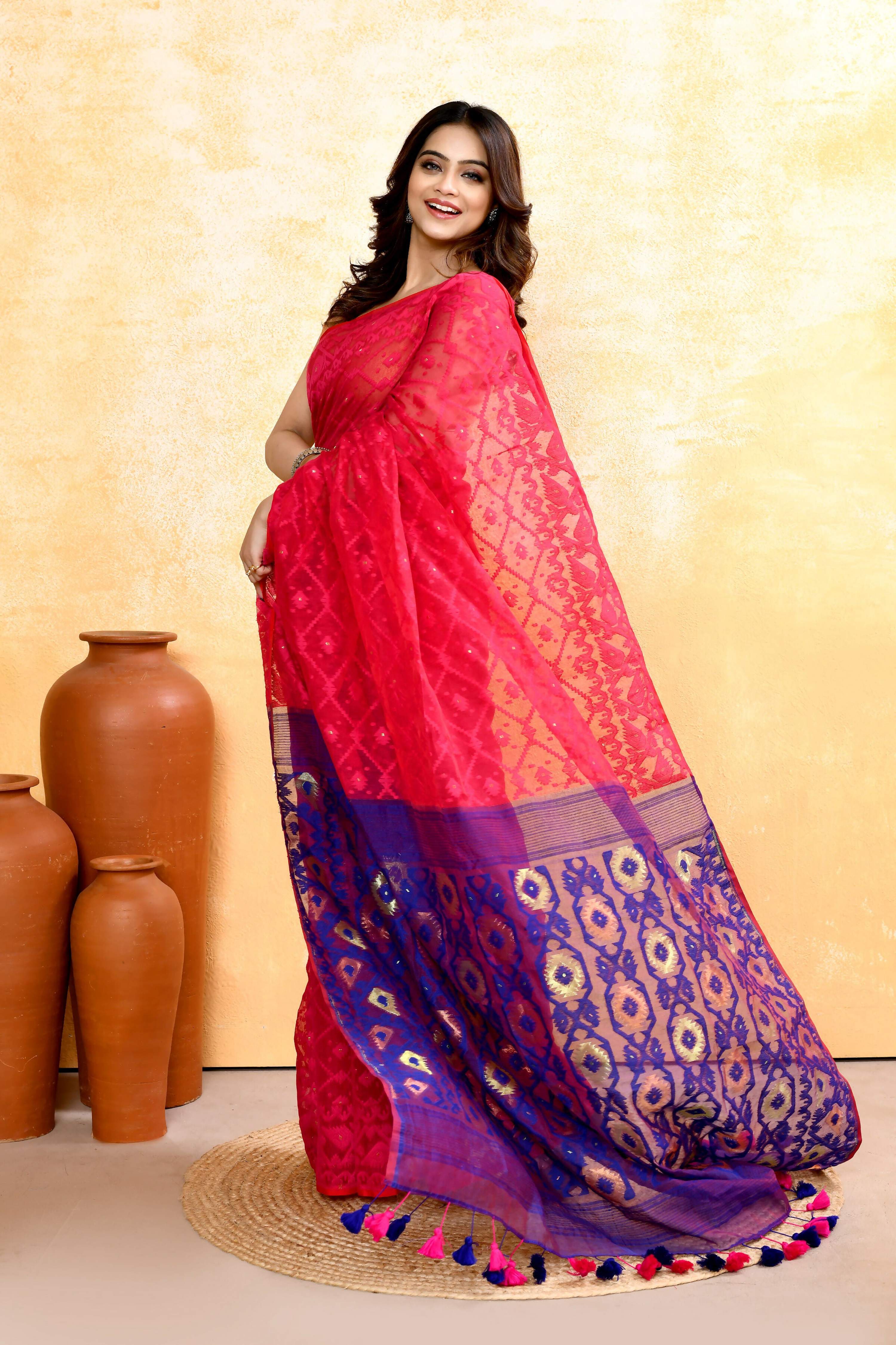 Piyari Fashion Women's Rani Pink Embellished Cotton Blend Jamdani Saree - Distacart