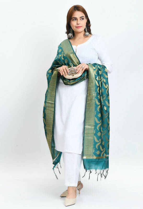 Mominos Fashion Moeza Women's Banarsi Silk Floral Woven Design Rama Green Dupatta - Distacart