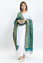 Mominos Fashion Moeza Women's Banarsi Silk Floral Woven Design Rama Green Dupatta - Distacart
