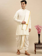 Ramraj Cotton Premium Wedding Cream Readymade Panchakacham,Kurta & Towel Set RP Jari