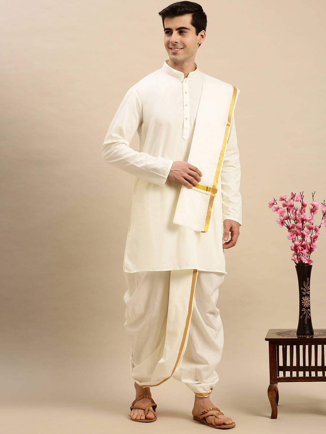 Ramraj Cotton Premium Wedding Cream Readymade Panchakacham,Kurta & Towel Set RP Jari