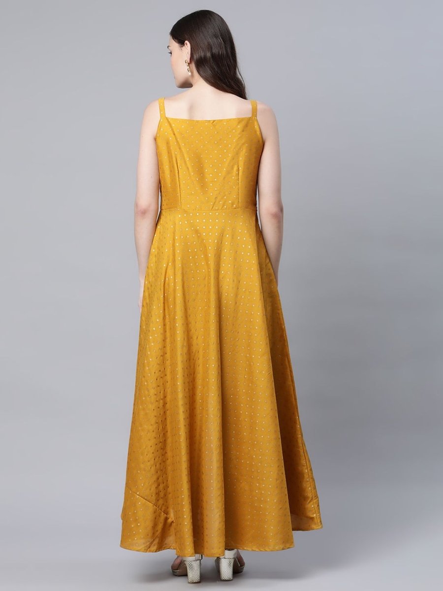 Ahalyaa Women Mustard Poly Silk Gold-Toned Printed Kurta With Trousers - Distacart