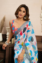 Vastranavya Multicolor Digital Printed Linen Ready To Wear Designer Saree with Unstitched Blouse - Distacart