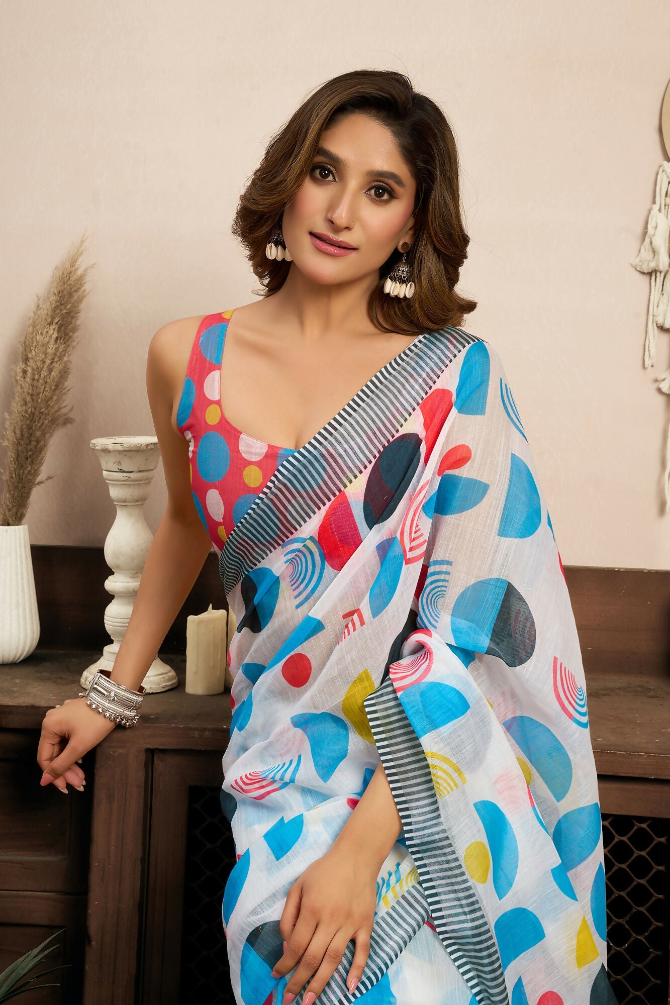 Vastranavya Multicolor Digital Printed Linen Ready To Wear Designer Saree with Unstitched Blouse - Distacart