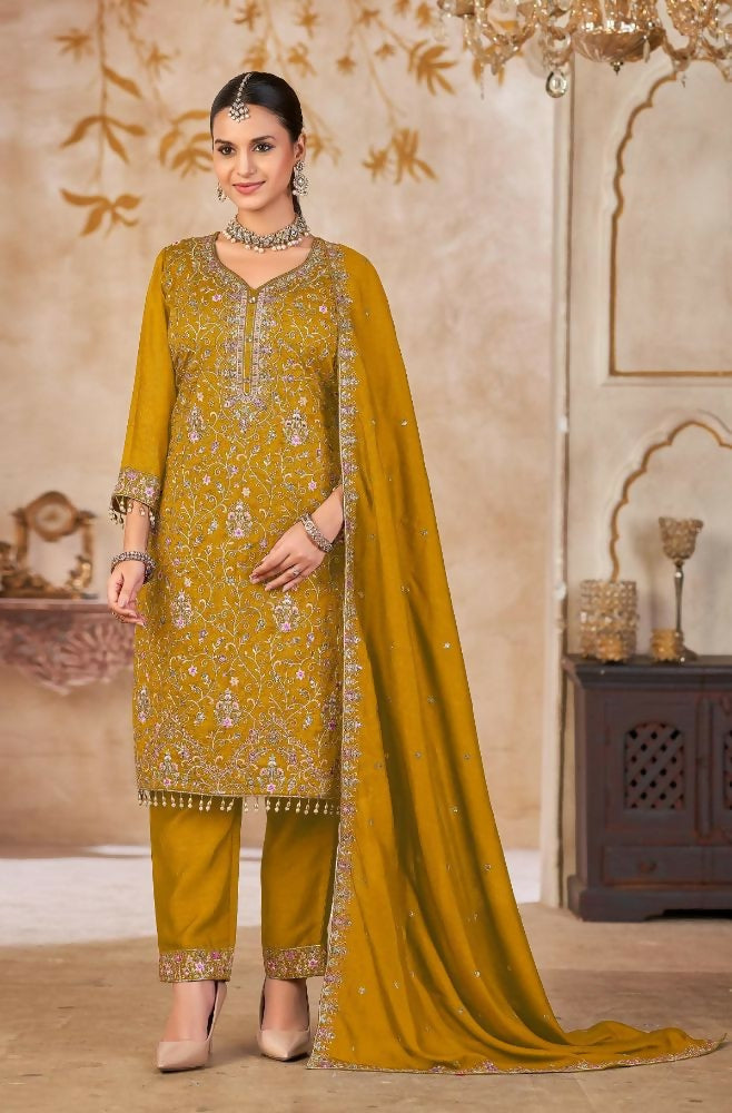 Anaita Mustard Vichitra Silk Readymade Suit with Embroidery & Lace Work - Distacart