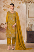 Anaita Mustard Vichitra Silk Readymade Suit with Embroidery & Lace Work - Distacart