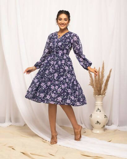 FIORRA Women's Blue Georgette Floral Printed Western Dress - Distacart