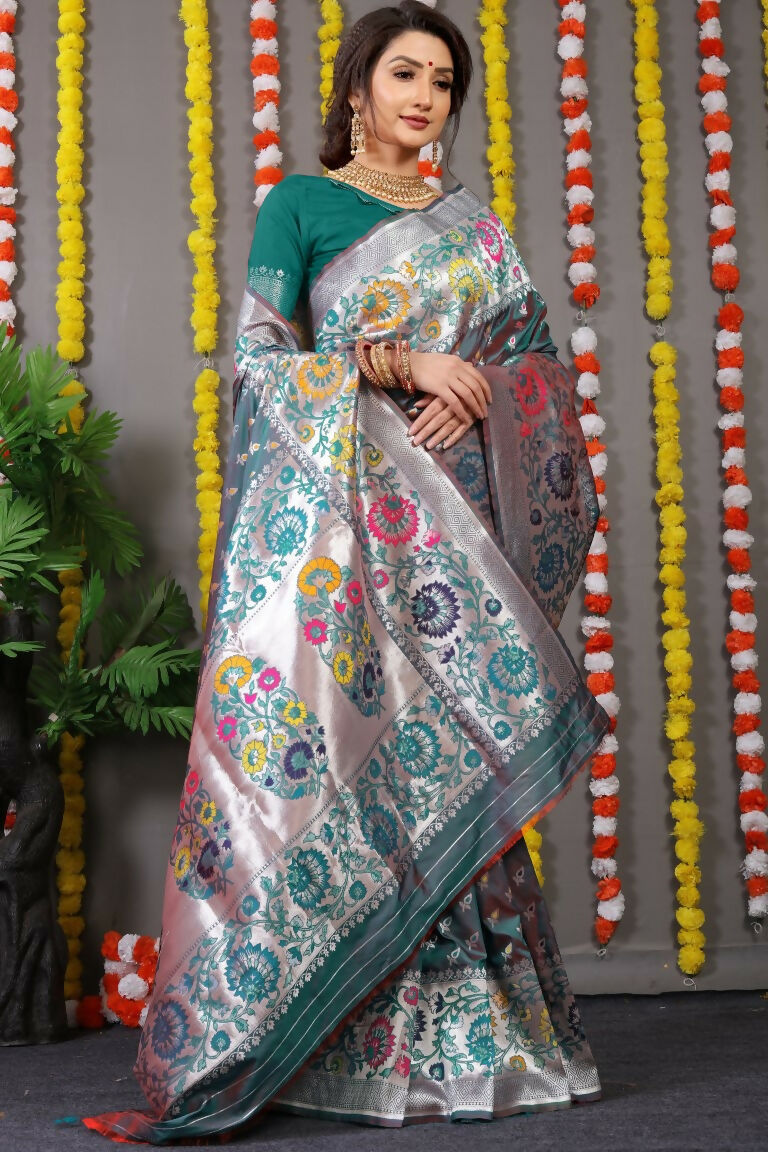 Jyoti Fashion Women's Bottle Green Banarasi Silk Zari Woven Saree with Blouse