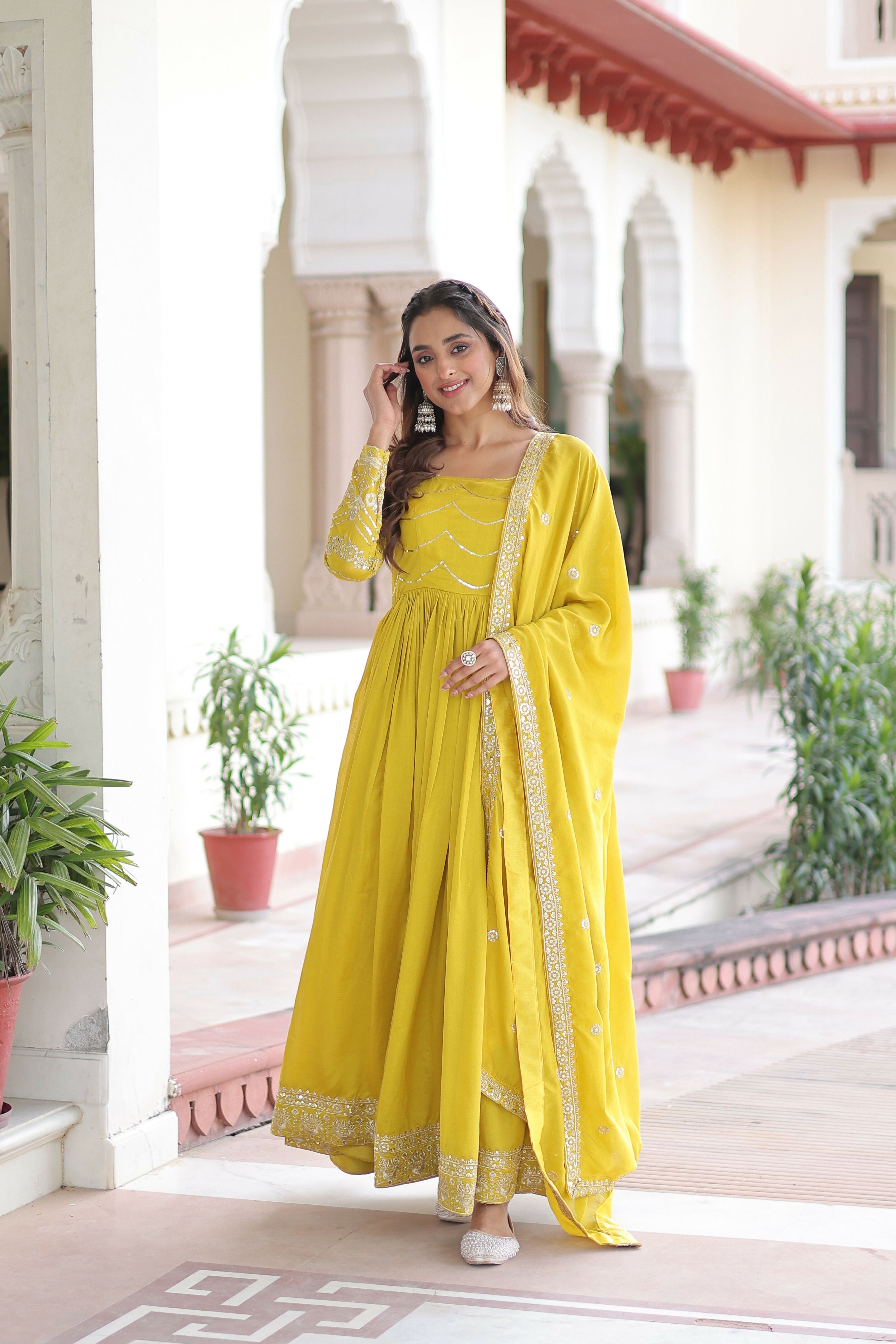 Joban Fashion Yellow Readymade Kurta Set With Sequence embroidery Work - Distacart