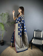 Joban Fashion Navy Blue Ethnic Floral Motifs Soft Lichi Silk Banarasi Saree - Distacart