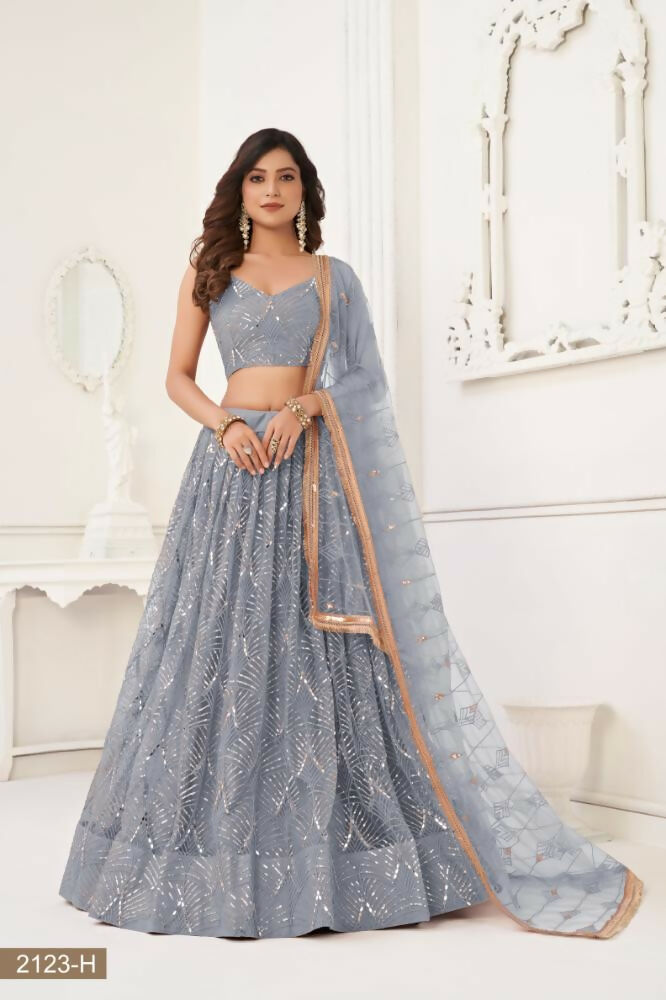 Aastha Fashion Light Gray Butterfly Net Tone To Tone Thread Work, Sequence Work And Original Mirror Work Embroidery Wedding Wear Lehenga Choli