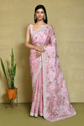Pink Satin Silk Sequence Embroidered With Stone Work Festive Saree - Nimaya Denzy