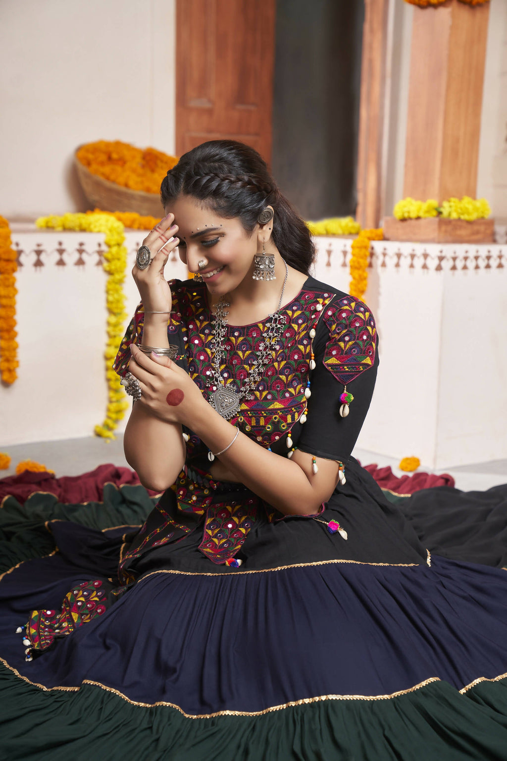 Multi Color Viscose Rayon Thread Embroidery with mirror work Navratri Lehenga Choli with Dupatta - Raas