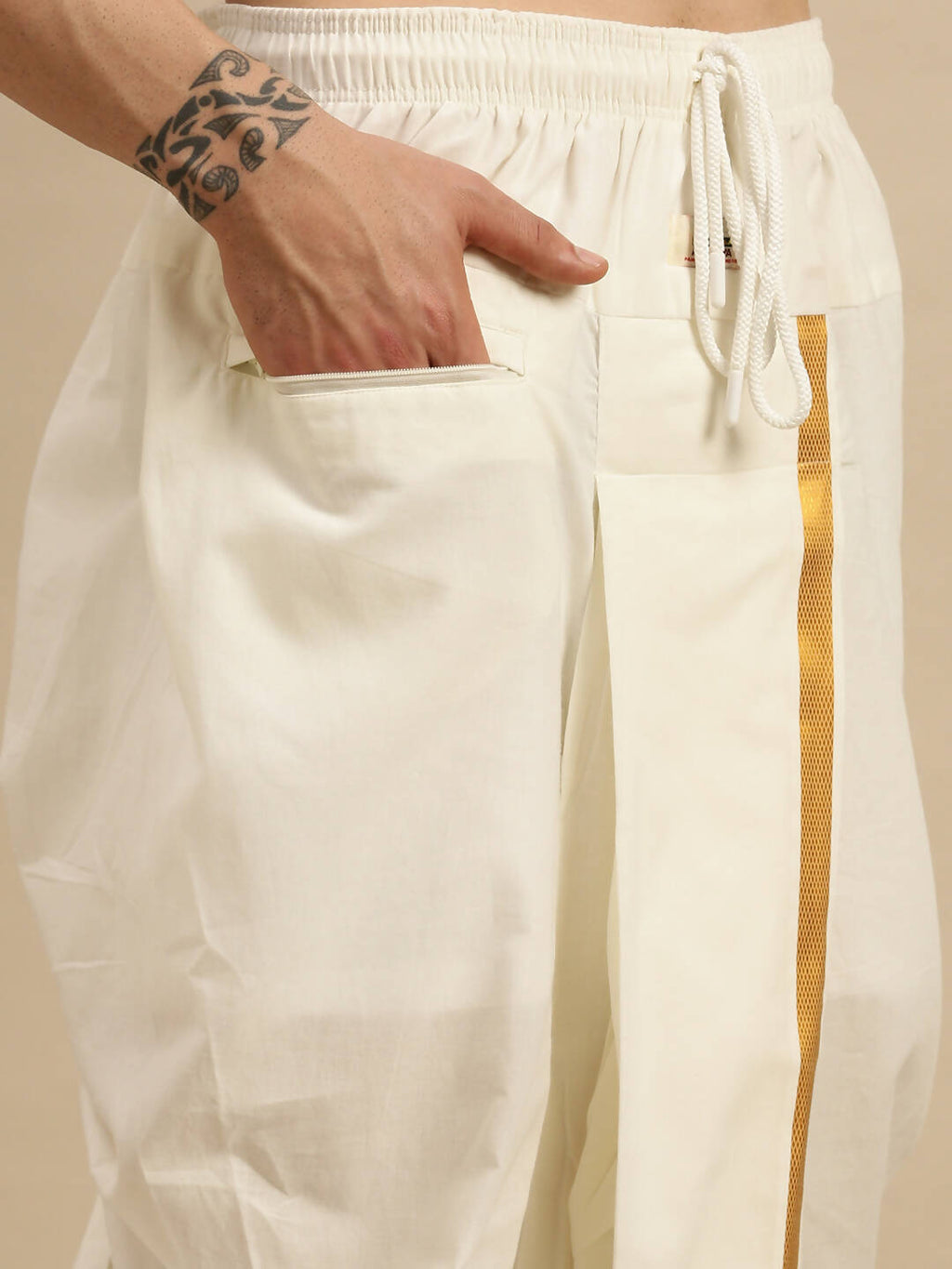 Ramraj Cotton Premium Wedding Cream Readymade Panchakacham,Kurta & Towel Set RP Jari