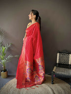 Joban Fashion Red Jacquard Butti Soft Lichi Silk Paithani Saree - Distacart