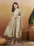 The52 Chiku Women's Beautiful Vichitra Silk Fabric Embroidered Work Flared Anarkali Pant and Dupatta Set - Distacart