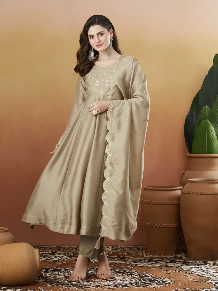 The52 Chiku Women's Beautiful Vichitra Silk Fabric Embroidered Work Flared Anarkali Pant and Dupatta Set - Distacart