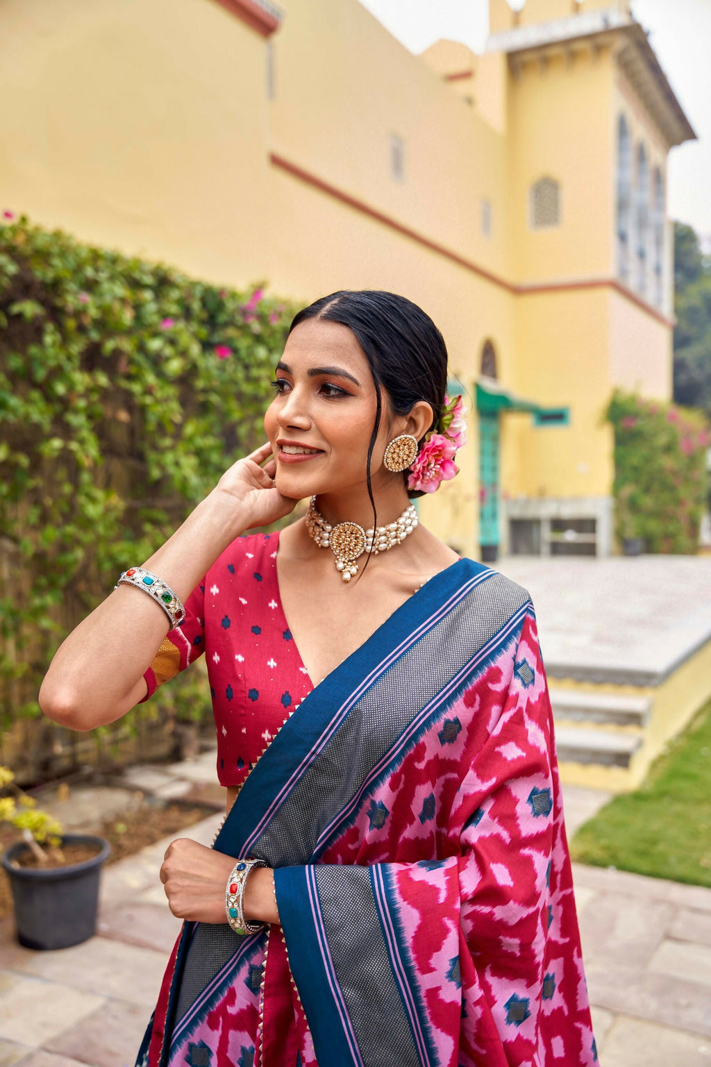 Vastranavya Printed and Foil Work Tussar Silk Lehenga with Unstitched Blouse - Blue