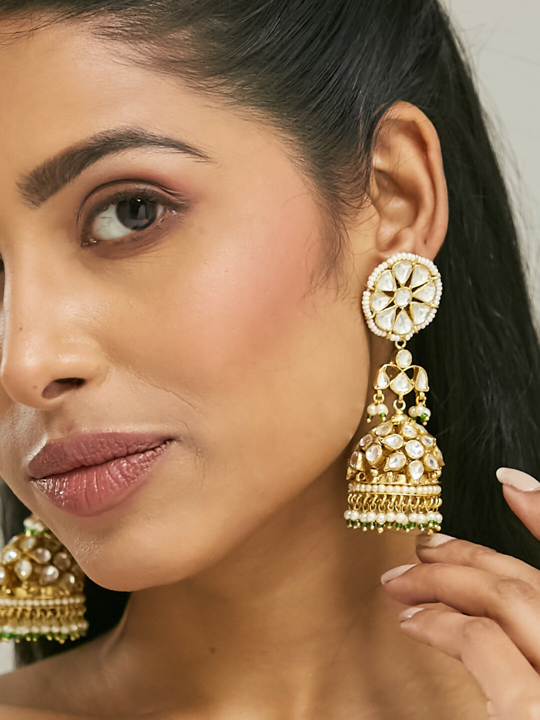 Nuyug 22K Gold-Plated Kundan Stone Studded & Pearl Beaded Dome Shaped Jhumkas - Distacart