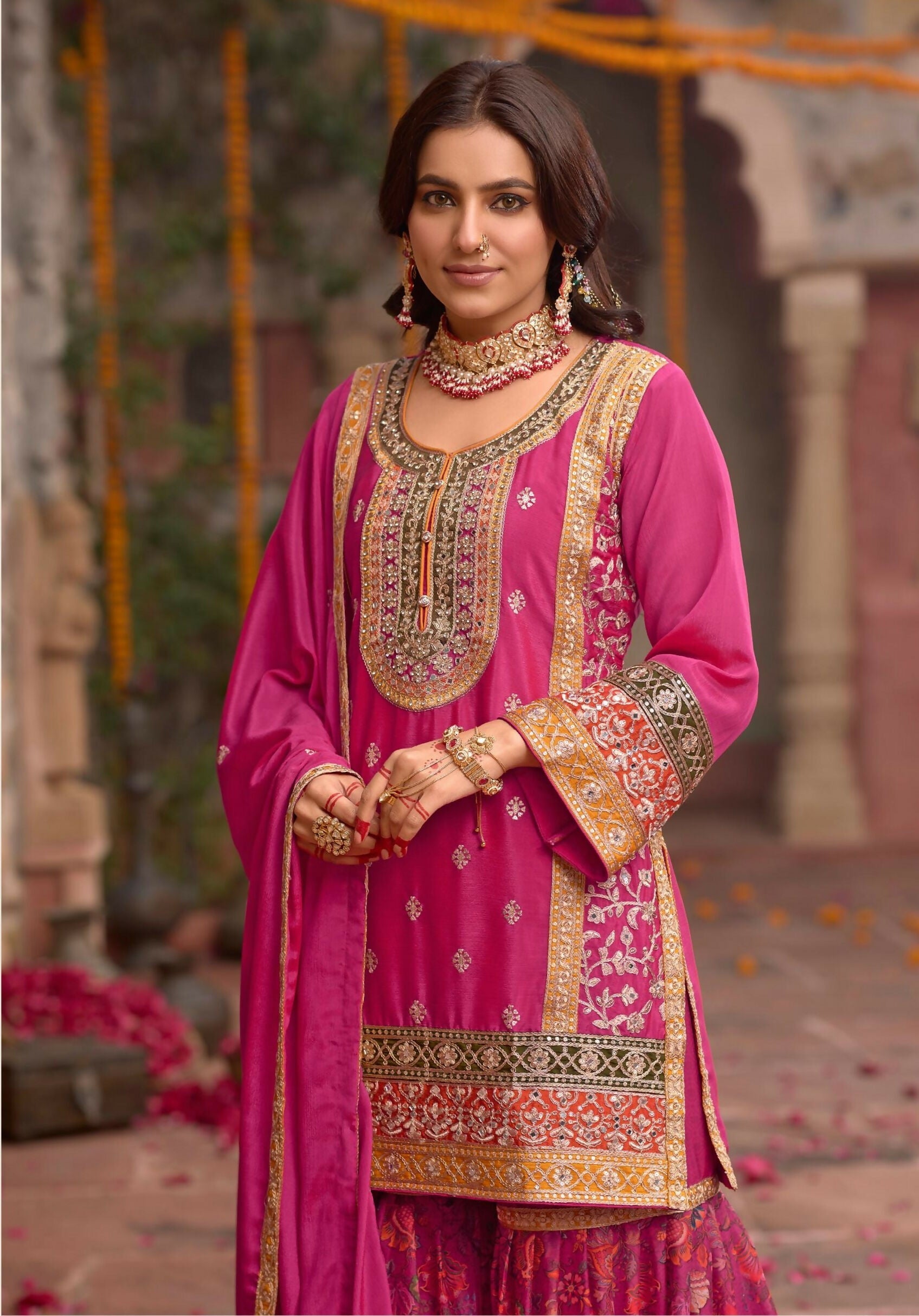 Anaita Rani-Pink Chinon Readymade Palazzo Suit with Codding Dori & Sequence Work - Distacart