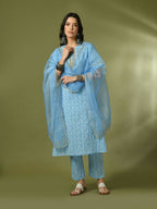 Myshka Women's Blue Printed Cotton Straight Party Kurta Set With Dupatta