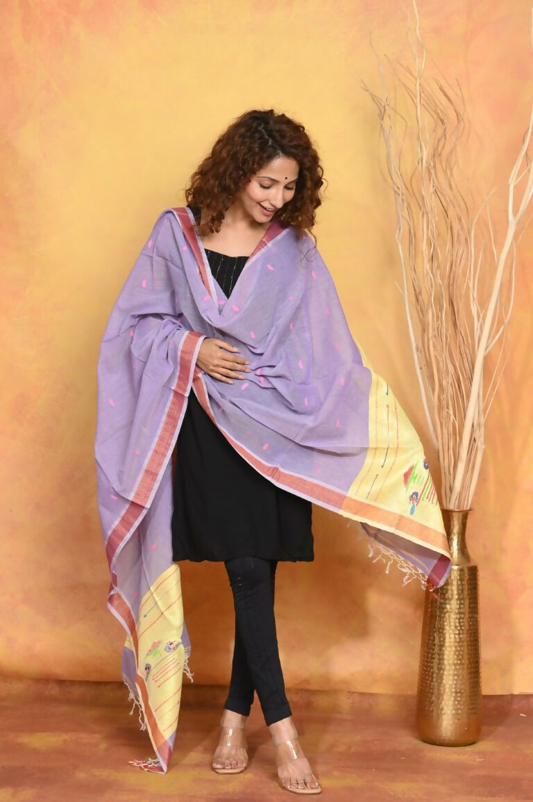 Very Much Indian Handloom Pure Cotton Paithani Dupatta - Lavender