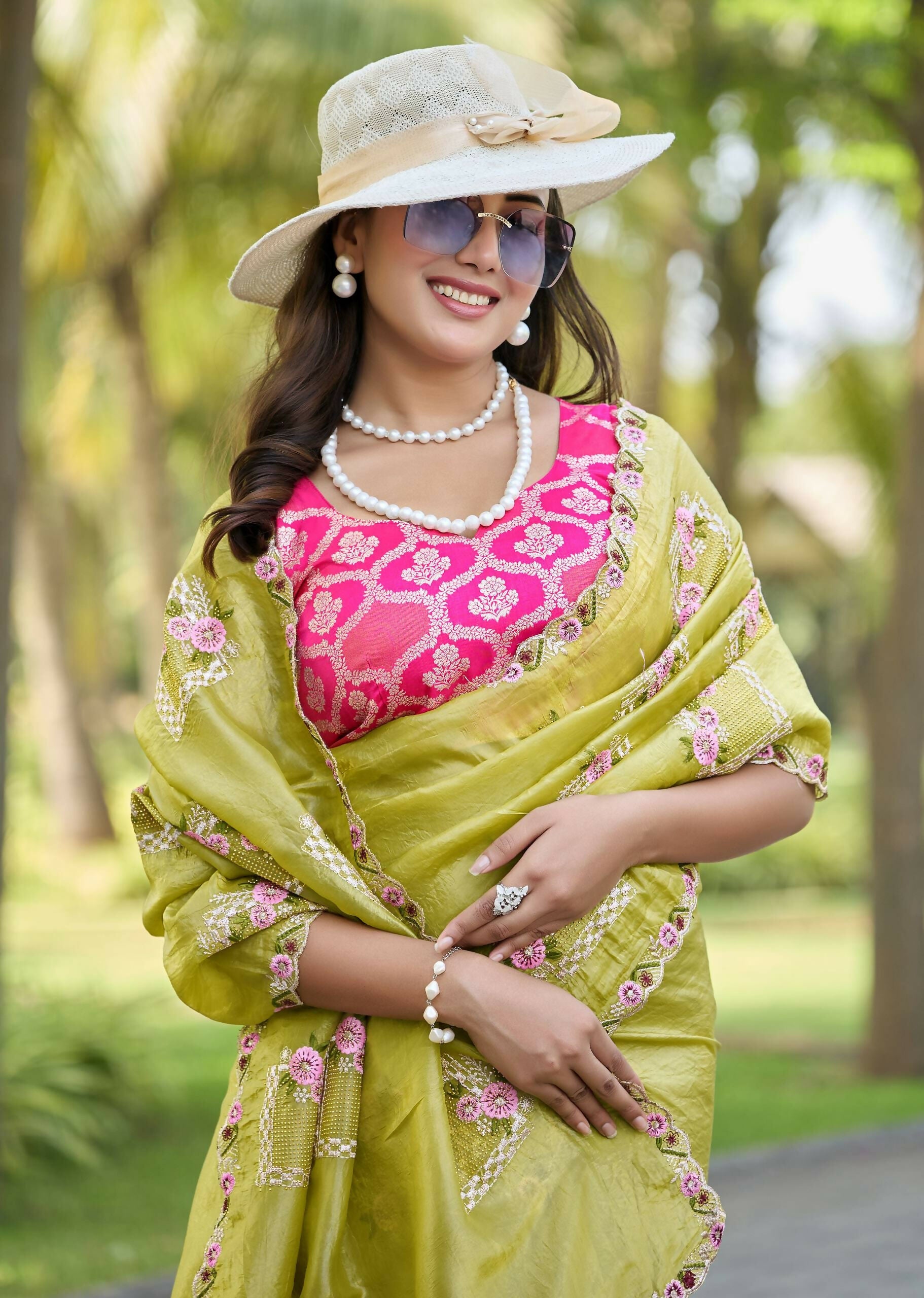 Teeya Creation Olive Color Pure Paper Silk Heavy Embroidery Work Wedding Wear Saree - Distacart
