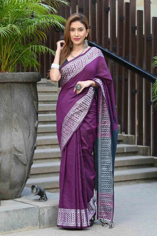 Beatitude Purple Cotton Jacqaurd Border Tangail Handloom Saree
