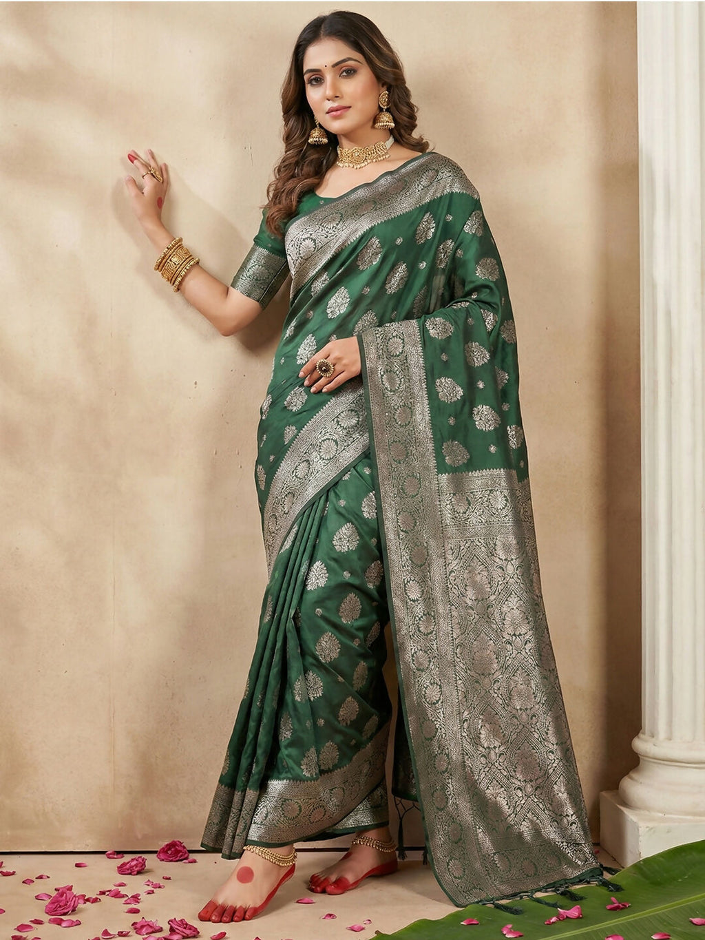 Shree Shyam Fashion Dark Green Silk Blend Saree - Distacart