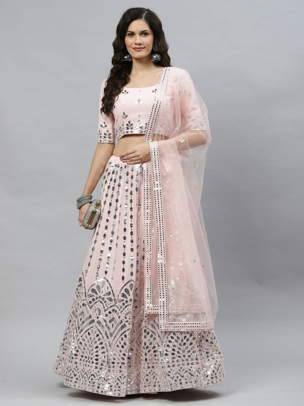 Pink Georgette Paper Mirror Embroidery Work Lehenga Choli with Dupatta - Jivika