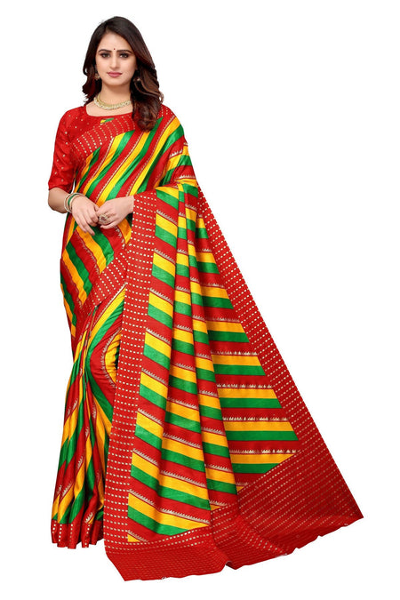 Vamika Ethnic Fire Red Foil Print Art Silk Saree