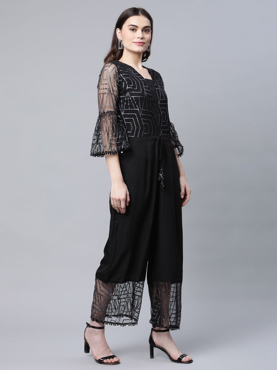 Ahalyaa Womens Crepe & Net Black Printed Jumpsuit - Distacart