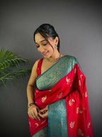 Joban Fashion Banarasi Red Woven Butti Soft Silk Saree - Distacart