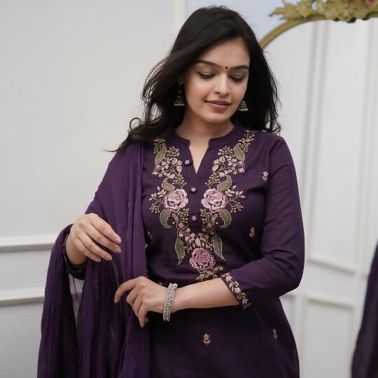 The52 Women's Beautiful Rayon Slub Fabric Embroidery Work Straight Kurta Pant and Dupatta Set - Distacart