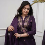 The52 Women's Beautiful Rayon Slub Fabric Embroidery Work Straight Kurta Pant and Dupatta Set - Distacart