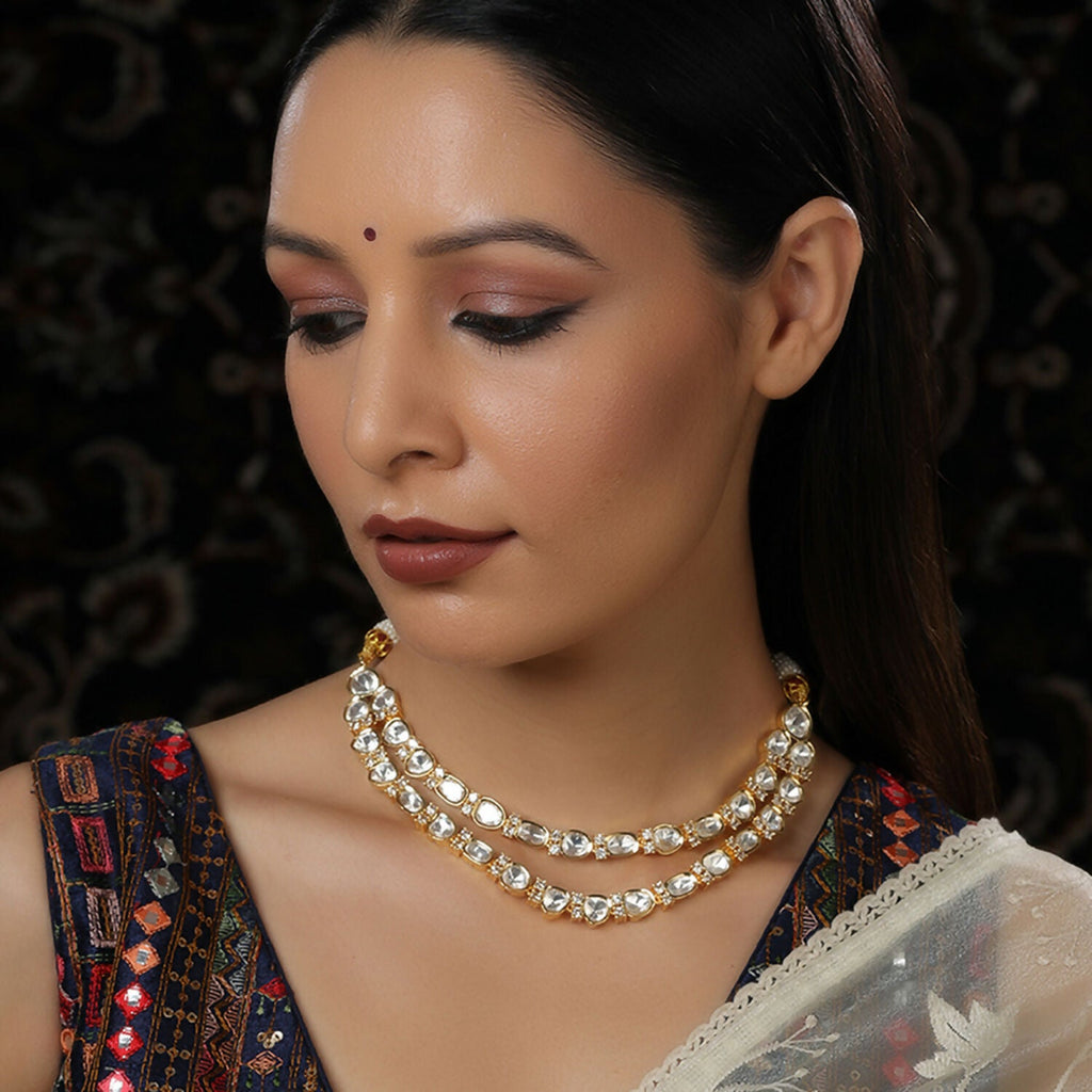 Double Layered Kundan and American Diamond Neckpiece (Gold) - Ruby Raang