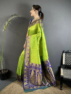 Joban Fashion Parrot Green Intricate Motifs Soft Silk Banarasi Saree