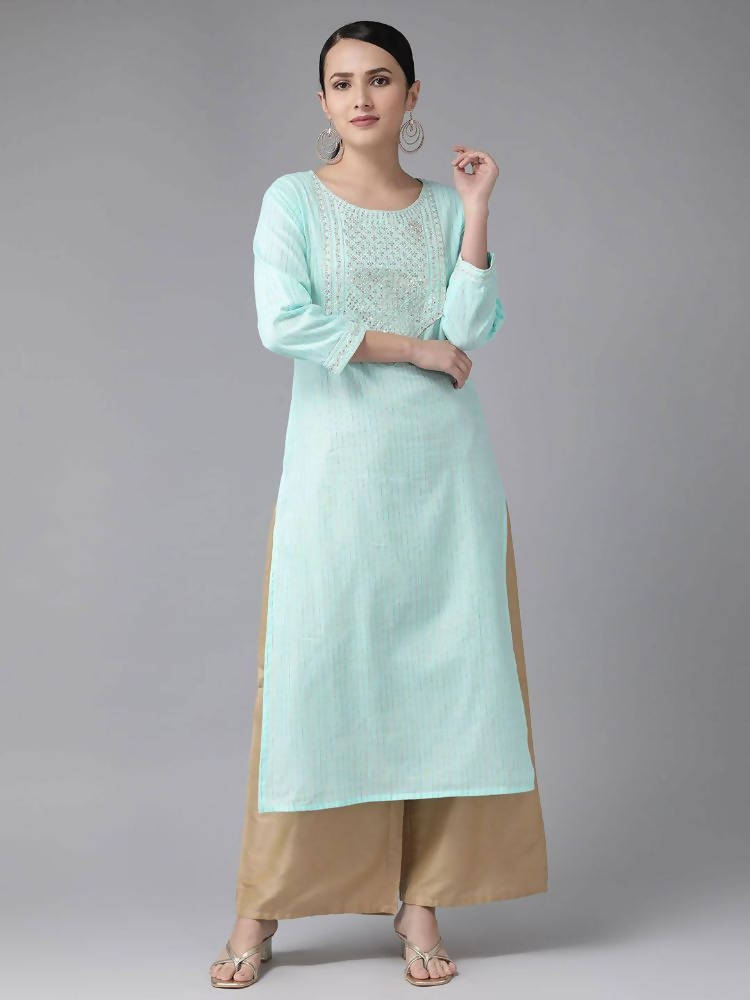 Yufta Women Turquoise Blue Yoke Design Mirror Work Kurta
