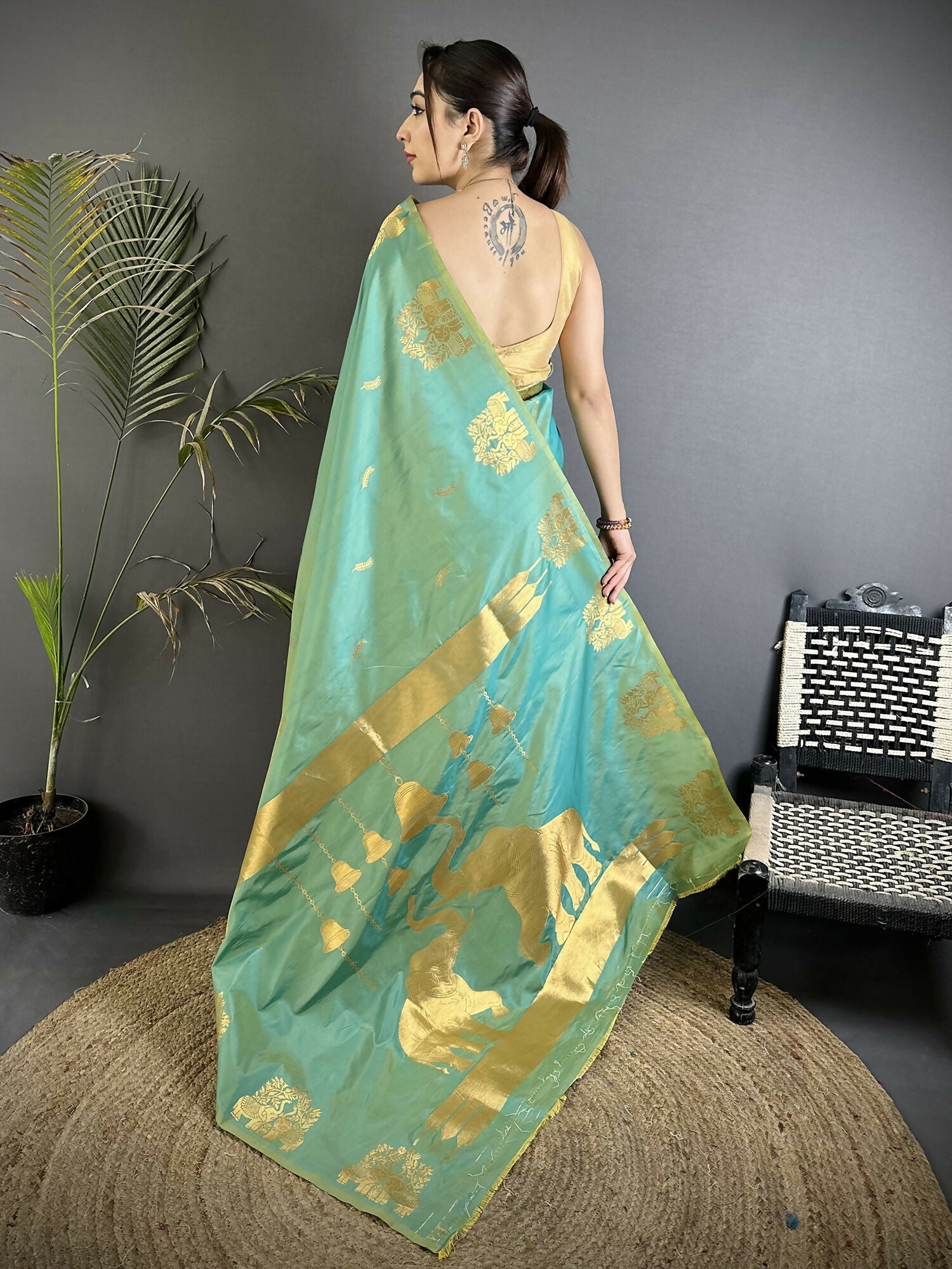 Joban Fashion Sea Green Motifs Zari Weaving Soft Silk Banarasi Saree