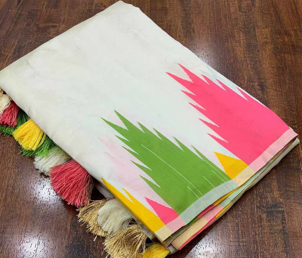 Cream Polycotton Woven Design Saree with Unstitched Blouse - A2M - Distacart