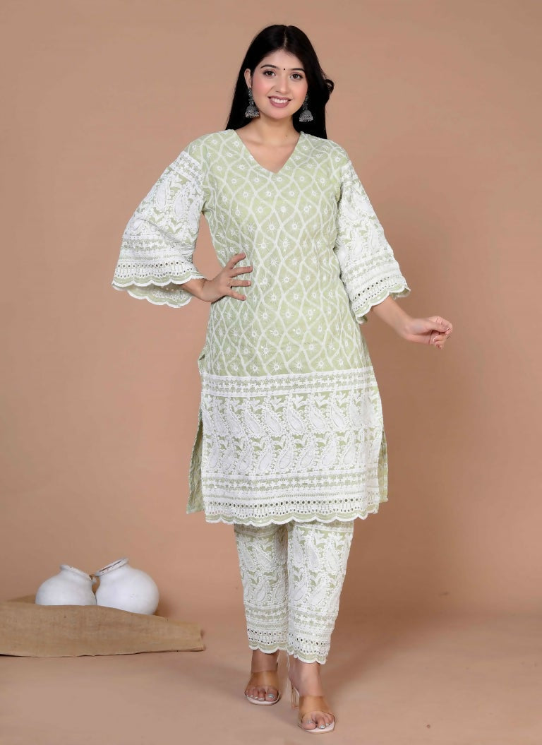 Miravan Women's Green Embroidery Chikankari Kurta And Palazzo