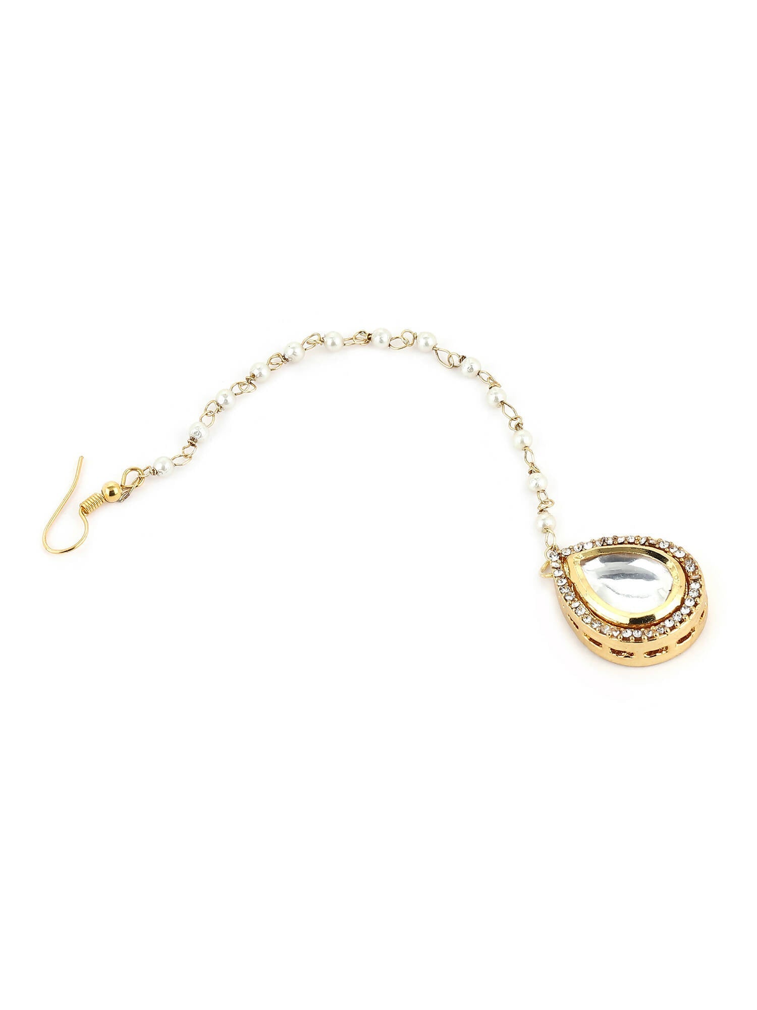 Gold-Plated White Kundan-Studded Pearl Beaded Maang Tikka - Ruby Raang - Distacart