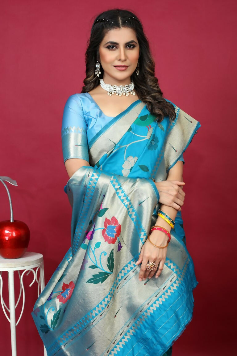 Jyoti Fashion Women's Sky Blue Paithani Silk Zari Woven Saree with Blouse